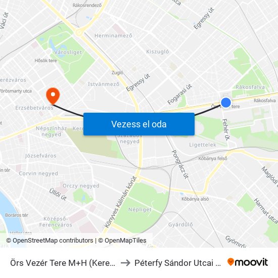 Örs Vezér Tere M+H (Kerepesi Út) to Péterfy Sándor Utcai Kórház map