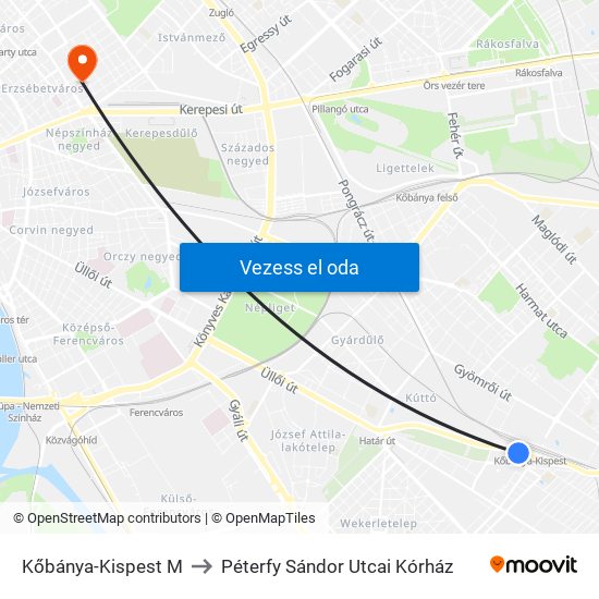 Kőbánya-Kispest M to Péterfy Sándor Utcai Kórház map