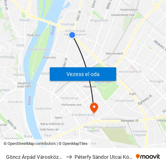Göncz Árpád Városközpont to Péterfy Sándor Utcai Kórház map