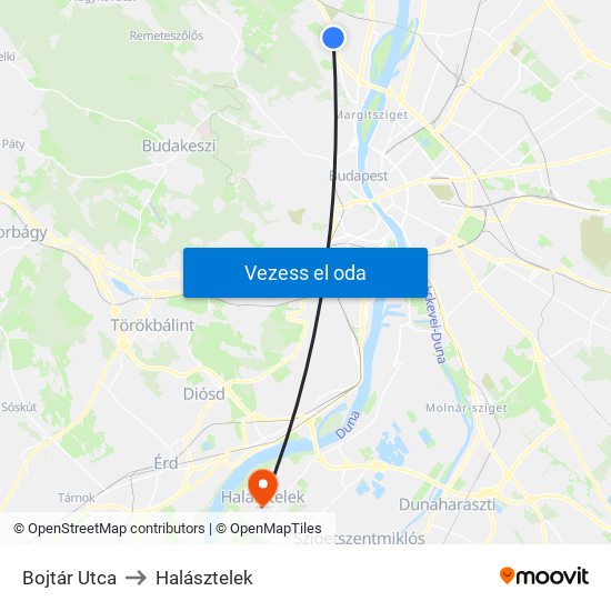 Bojtár Utca to Halásztelek map