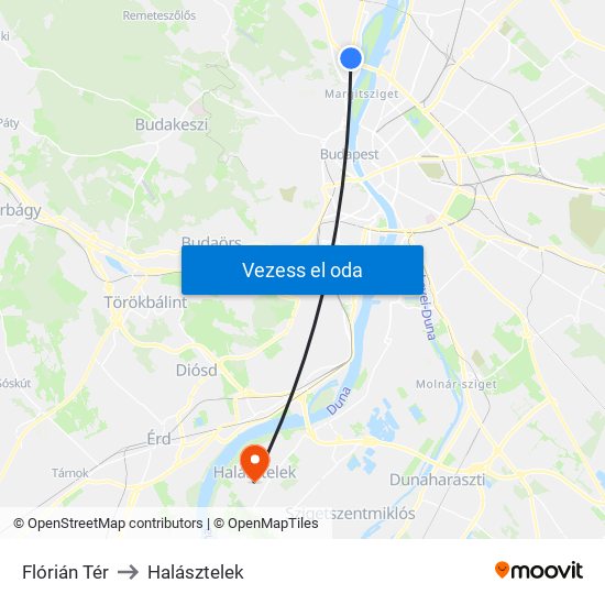 Flórián Tér to Halásztelek map