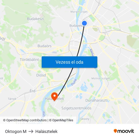 Oktogon M to Halásztelek map