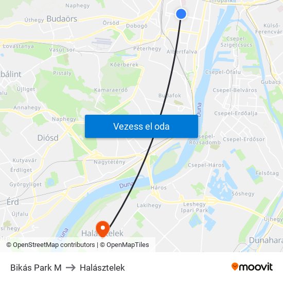 Bikás Park M to Halásztelek map