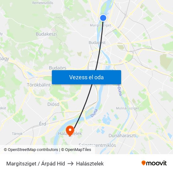 Margitsziget / Árpád Híd to Halásztelek map