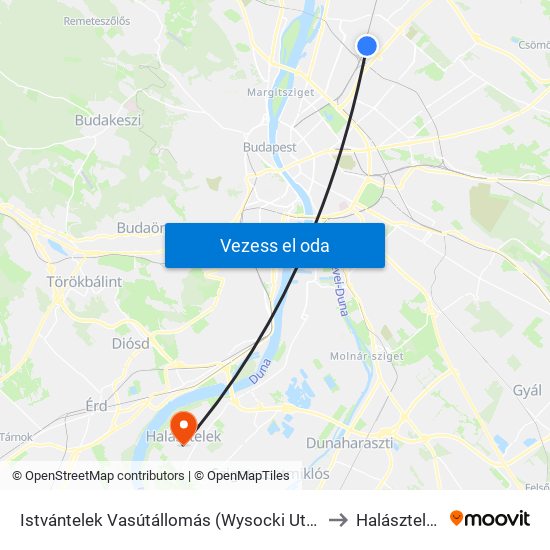 Istvántelek Vasútállomás (Wysocki Utca) to Halásztelek map