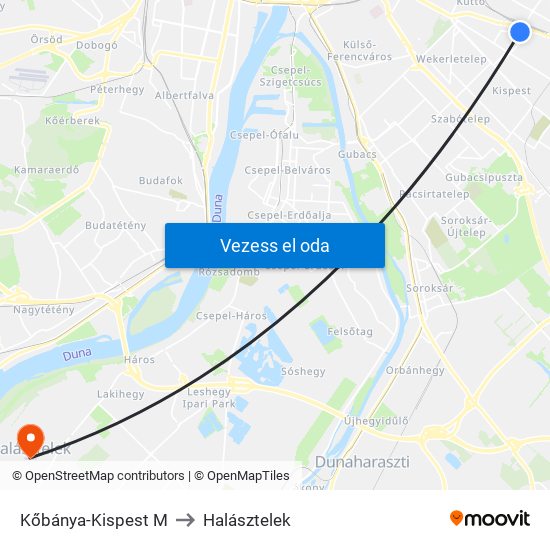 Kőbánya-Kispest M to Halásztelek map