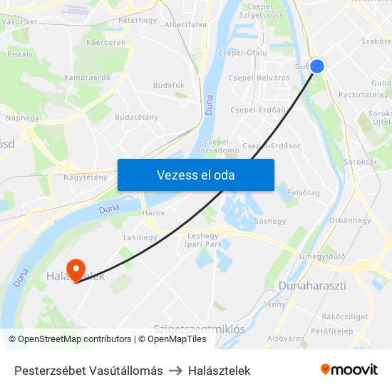 Pesterzsébet Vasútállomás to Halásztelek map