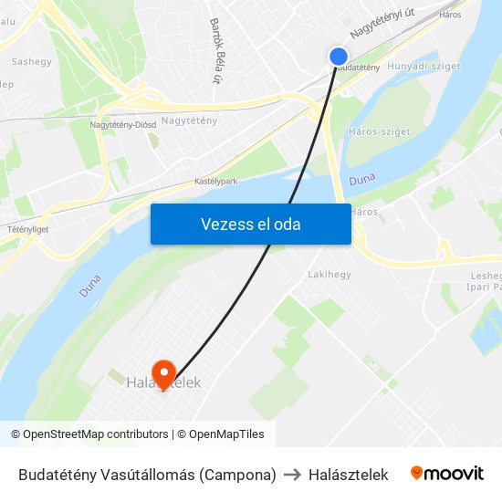 Budatétény Vasútállomás (Campona) to Halásztelek map