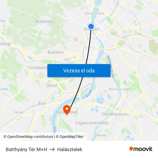 Batthyány Tér M+H to Halásztelek map