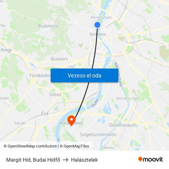Margit Híd, Budai Hídfő to Halásztelek map
