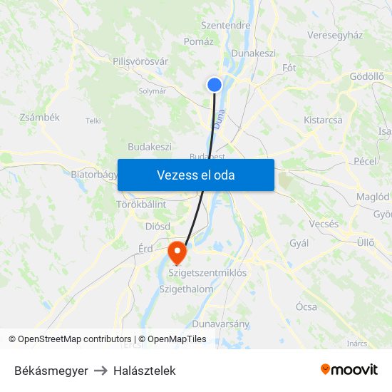 Békásmegyer to Halásztelek map
