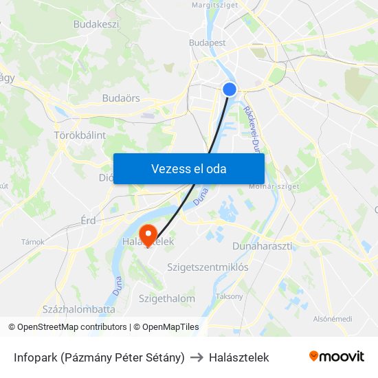 Infopark (Pázmány Péter Sétány) to Halásztelek map