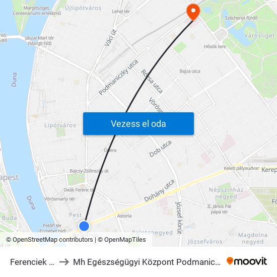 Ferenciek Tere M to Mh Egészségügyi Központ Podmaniczky Utcai Telephely map