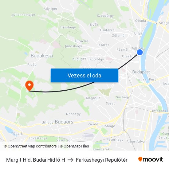 Margit Híd, Budai Hídfő H to Farkashegyi Repülőtér map