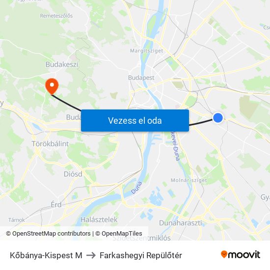 Kőbánya-Kispest M to Farkashegyi Repülőtér map