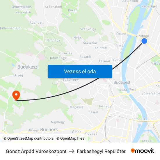 Göncz Árpád Városközpont to Farkashegyi Repülőtér map