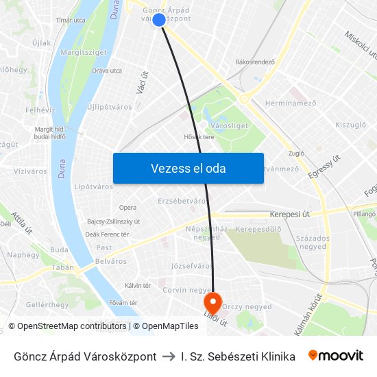 Göncz Árpád Városközpont to I. Sz. Sebészeti Klinika map