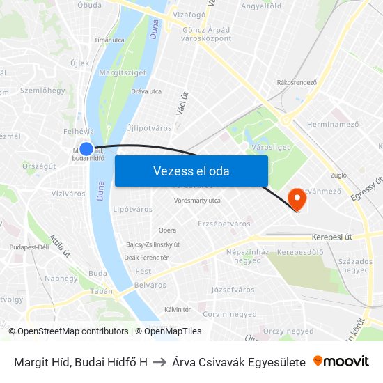 Margit Híd, Budai Hídfő H to Árva Csivavák Egyesülete map
