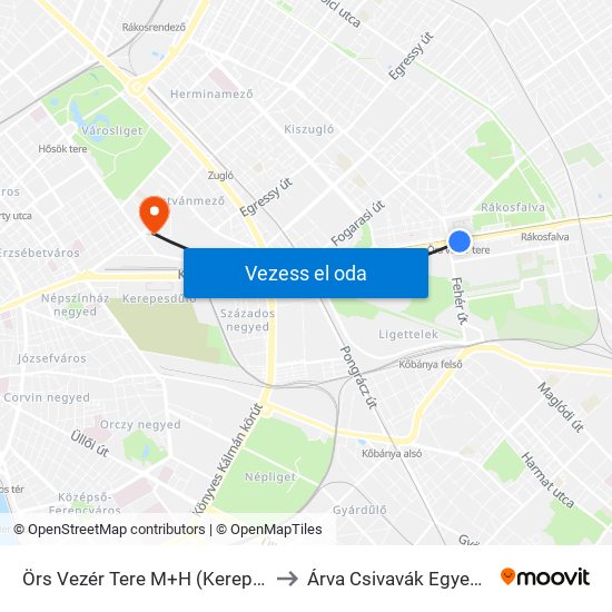 Örs Vezér Tere M+H (Kerepesi Út) to Árva Csivavák Egyesülete map