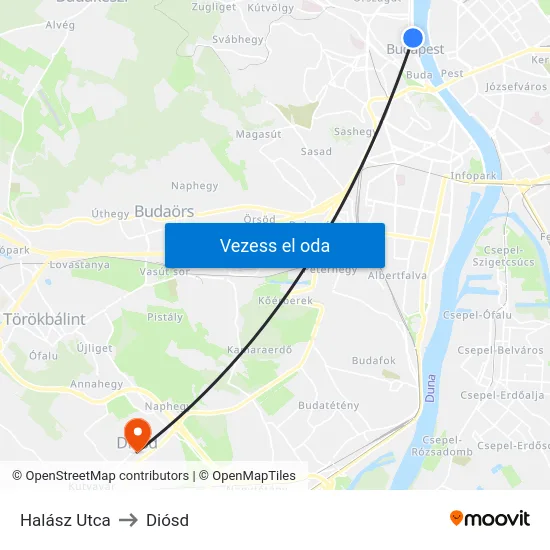 Halász Utca to Diósd map