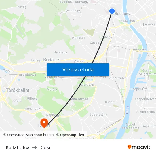 Korlát Utca to Diósd map