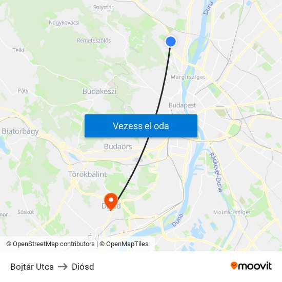 Bojtár Utca to Diósd map