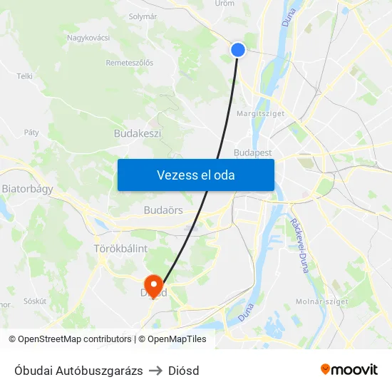 Óbudai Autóbuszgarázs to Diósd map