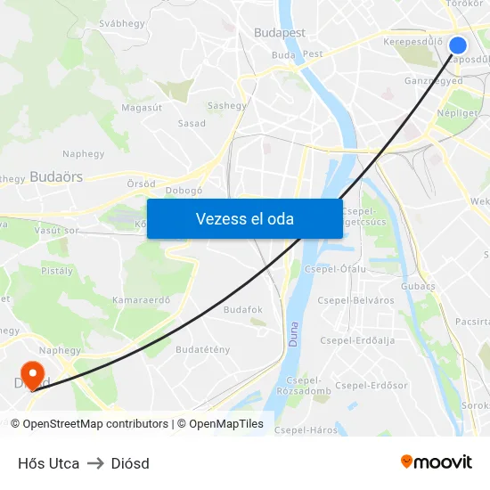 Hős Utca to Diósd map