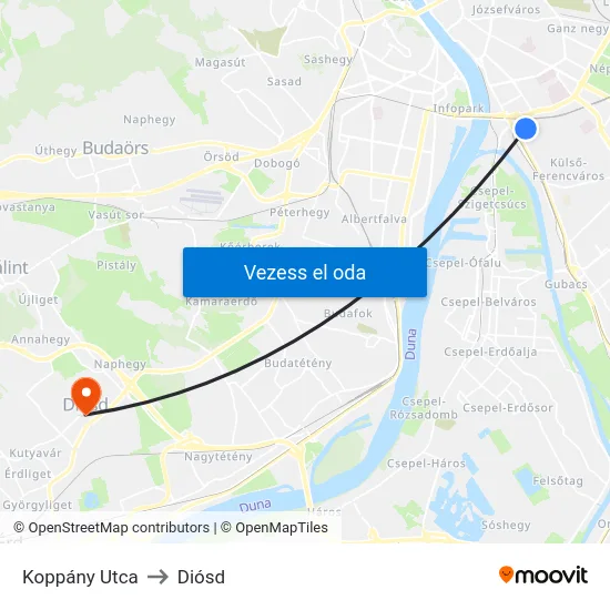 Koppány Utca to Diósd map