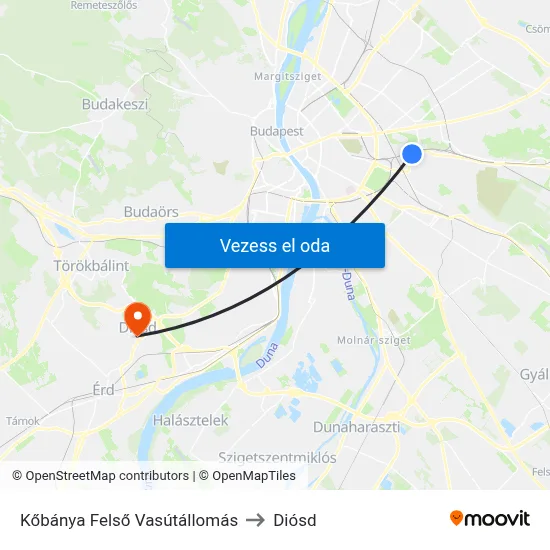 Kőbánya Felső Vasútállomás to Diósd map