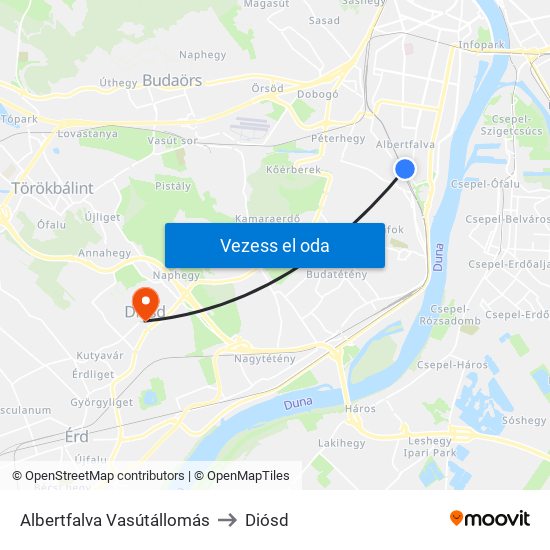 Albertfalva Vasútállomás to Diósd map
