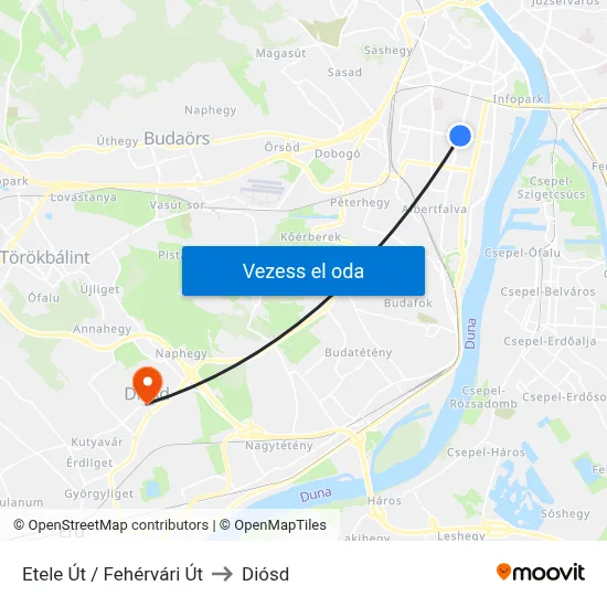 Etele Út / Fehérvári Út to Diósd map