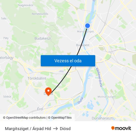 Margitsziget / Árpád Híd to Diósd map