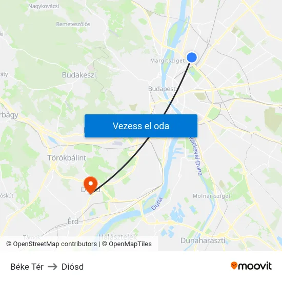 Béke Tér to Diósd map