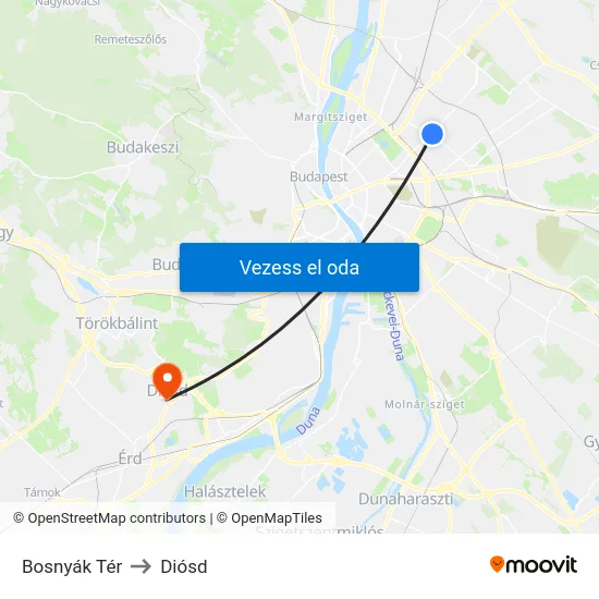 Bosnyák Tér to Diósd map