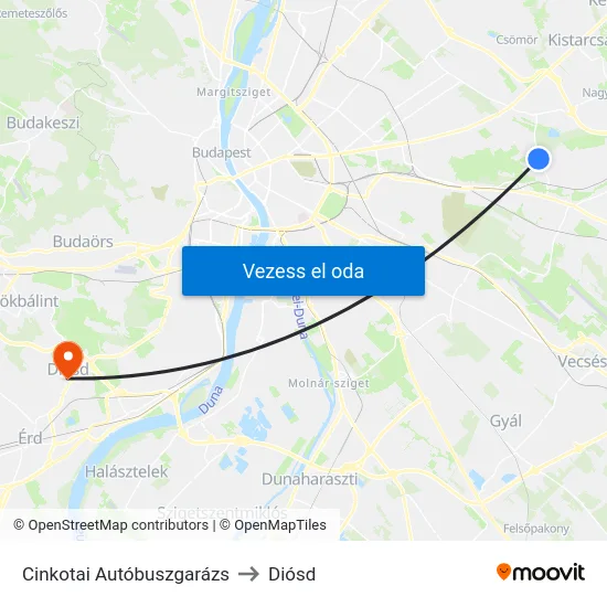 Cinkotai Autóbuszgarázs to Diósd map