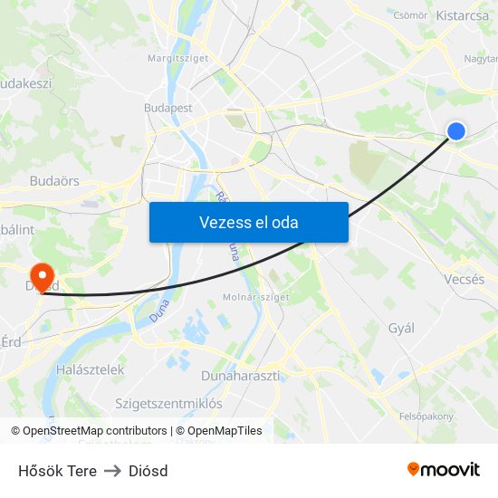 Hősök Tere to Diósd map