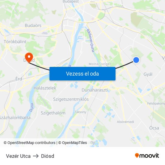 Vezér Utca to Diósd map