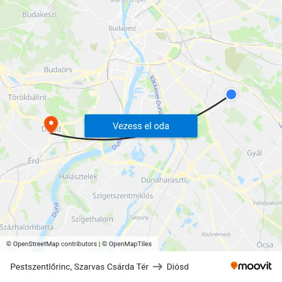 Pestszentlőrinc, Szarvas Csárda Tér to Diósd map