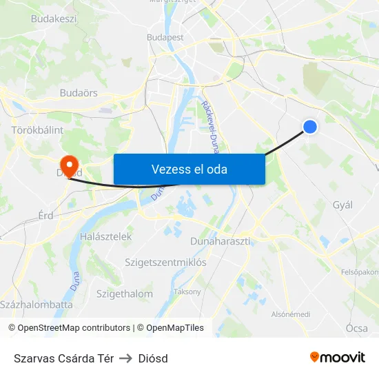 Szarvas Csárda Tér to Diósd map