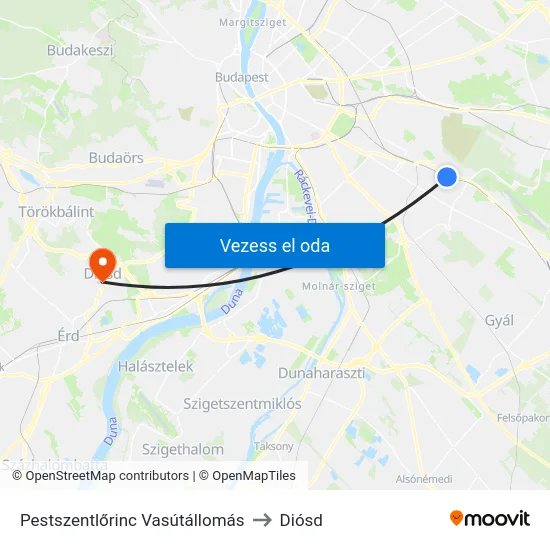 Pestszentlőrinc Vasútállomás to Diósd map
