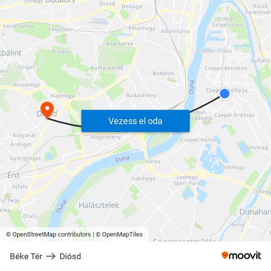 Béke Tér to Diósd map