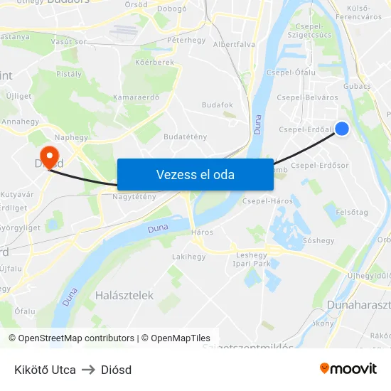 Kikötő Utca to Diósd map