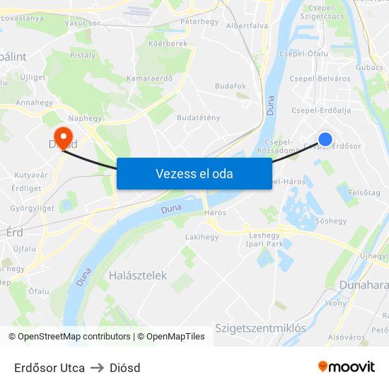 Erdősor Utca to Diósd map