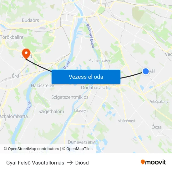Gyál Felső Vasútállomás to Diósd map