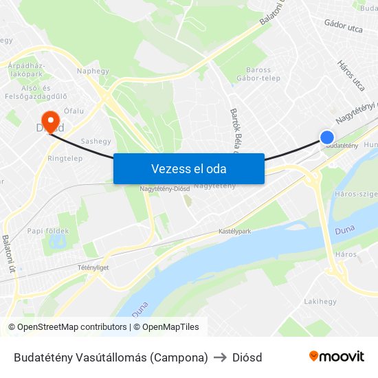 Budatétény Vasútállomás (Campona) to Diósd map