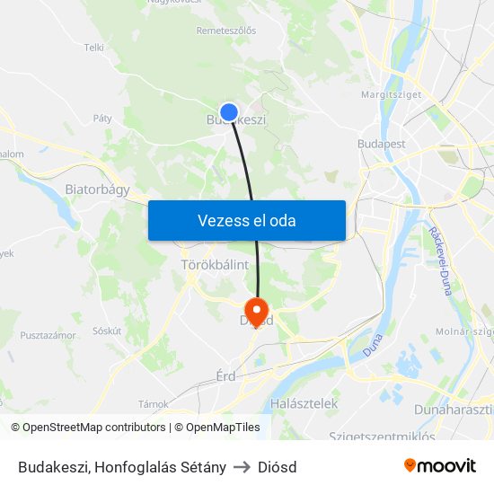 Budakeszi, Honfoglalás Sétány to Diósd map