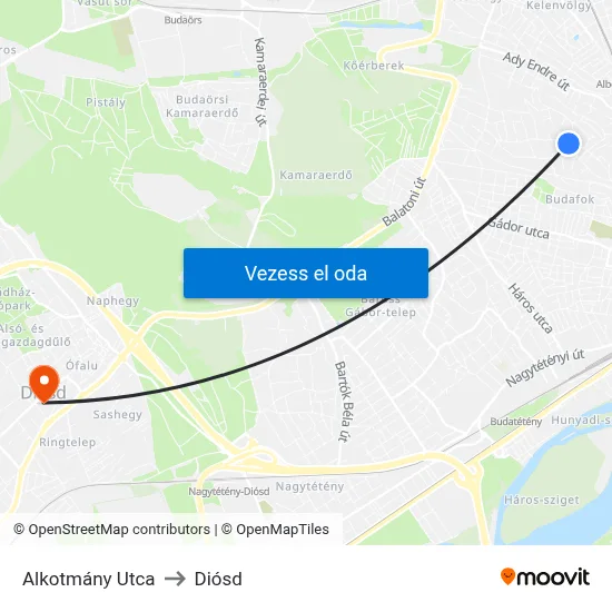 Alkotmány Utca to Diósd map