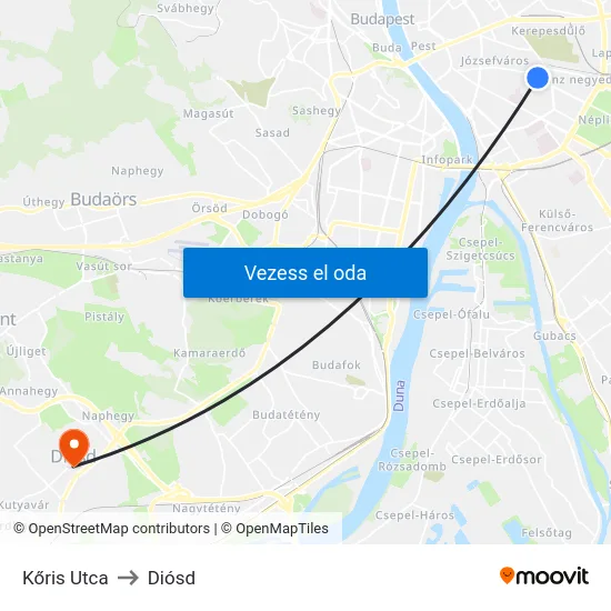 Kőris Utca to Diósd map
