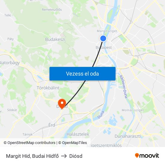 Margit Híd, Budai Hídfő to Diósd map